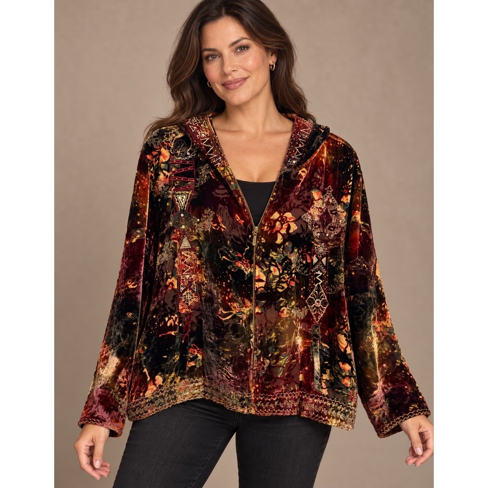 Chico's Vintage Silk Blend Velvet Burnout Embroidered Zip Hoodie Size 3 XL 16/18
